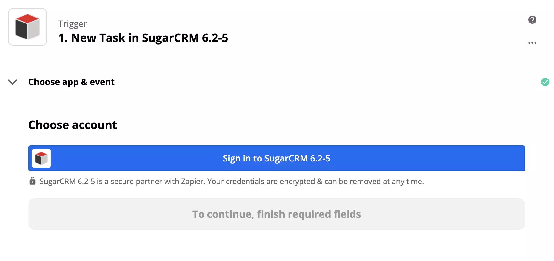 SugarCRM trigger-inställning i Zapier-integration