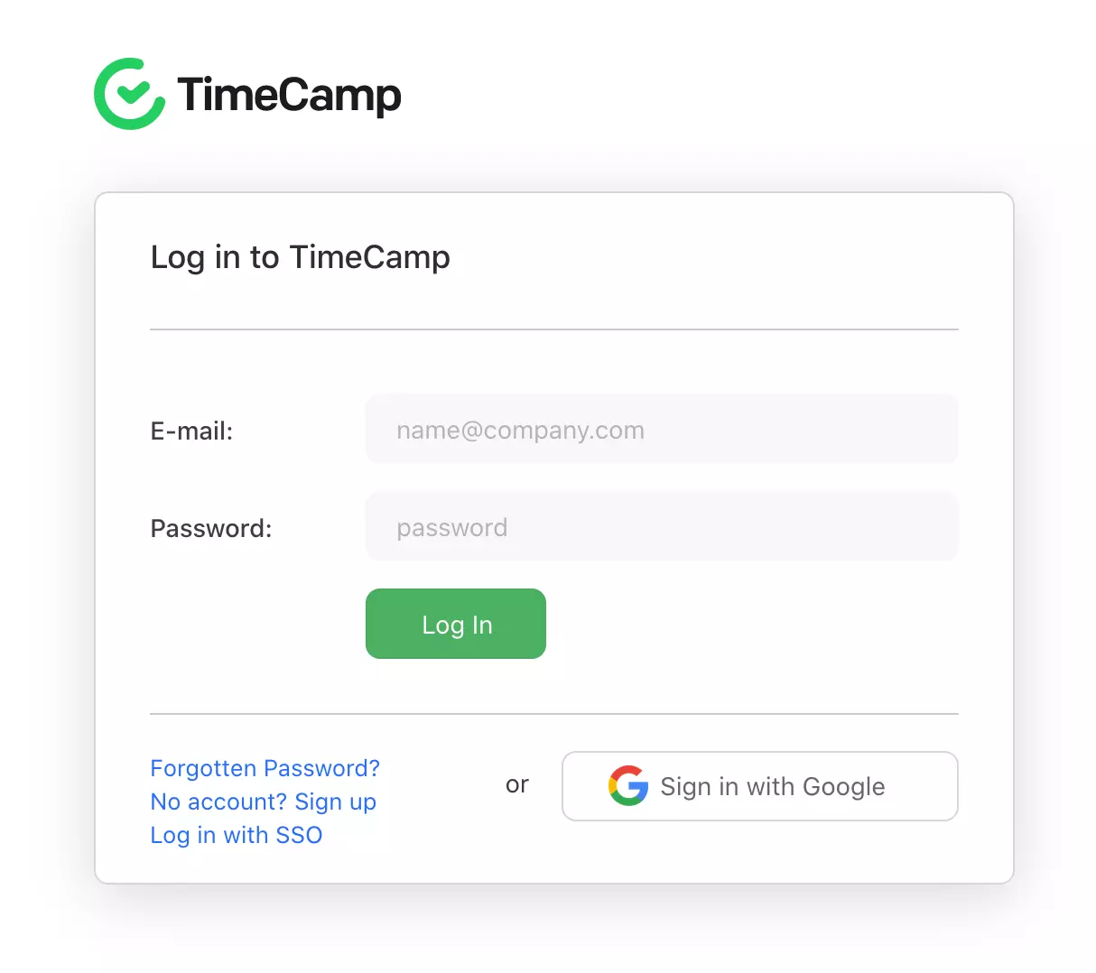 TimeCamp inloggningssida