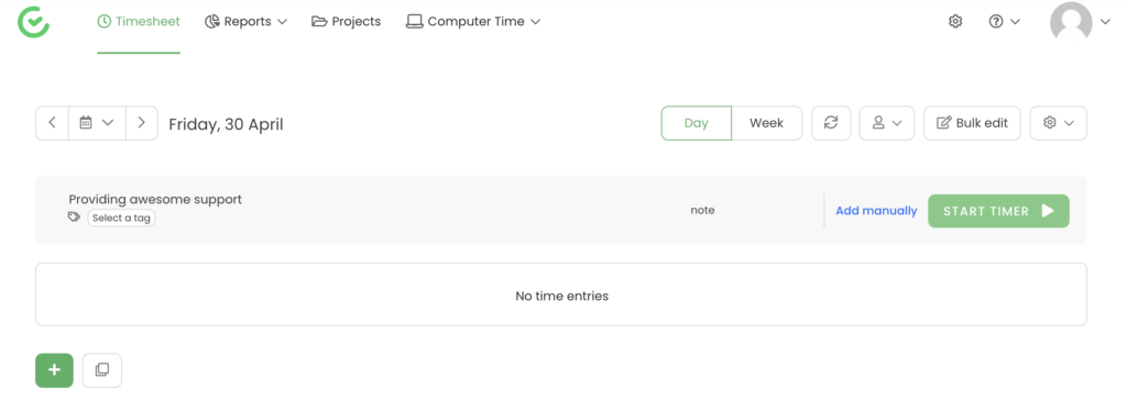 TimeCamp projektval med starttimer