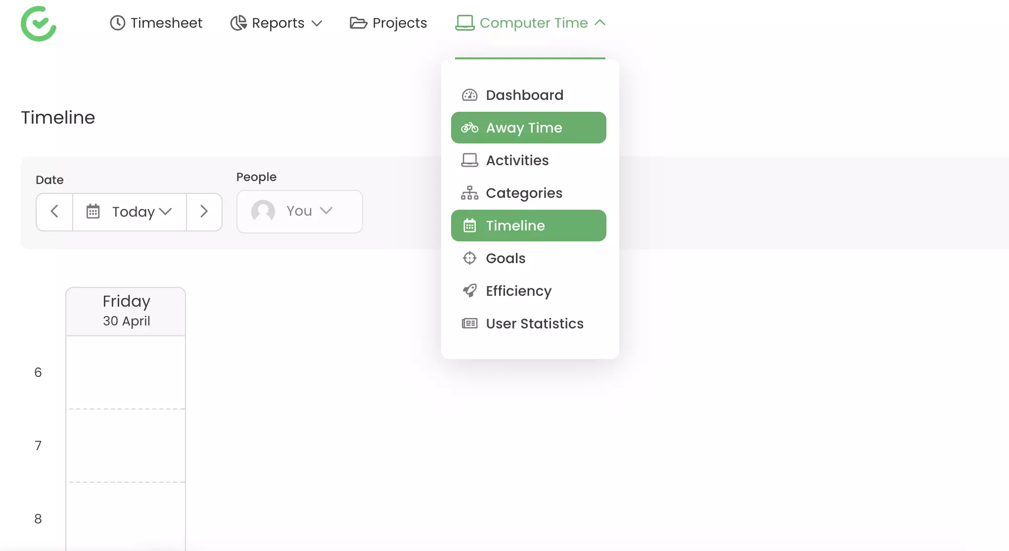 Spårningskapacitet såsom bortatid och tidslinje synlig i TimeCamp