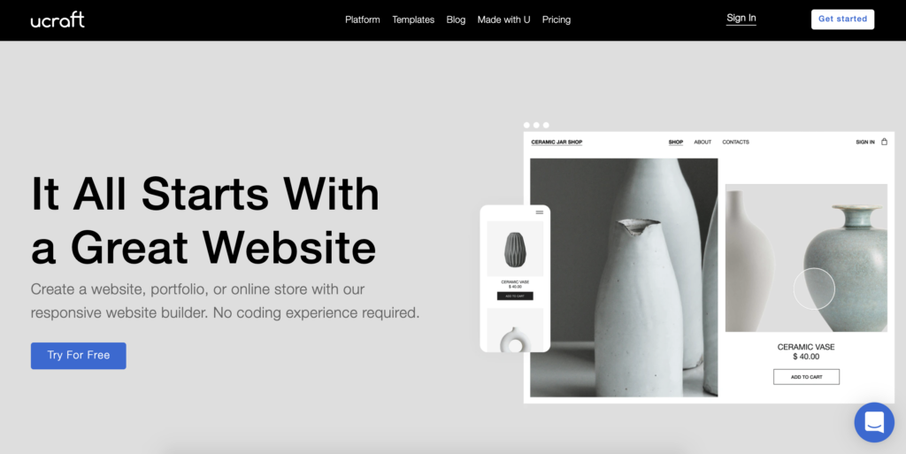 Ucraft hemsida med Get Started-knappen i det övre högra hörnet
