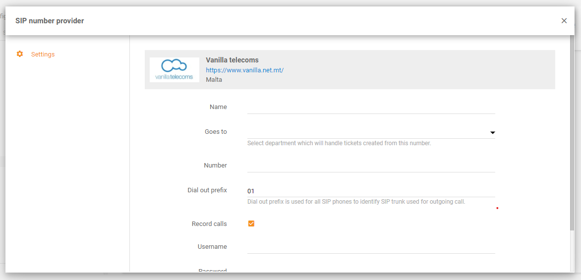 Vanilla Telecoms-integration i LiveAgent