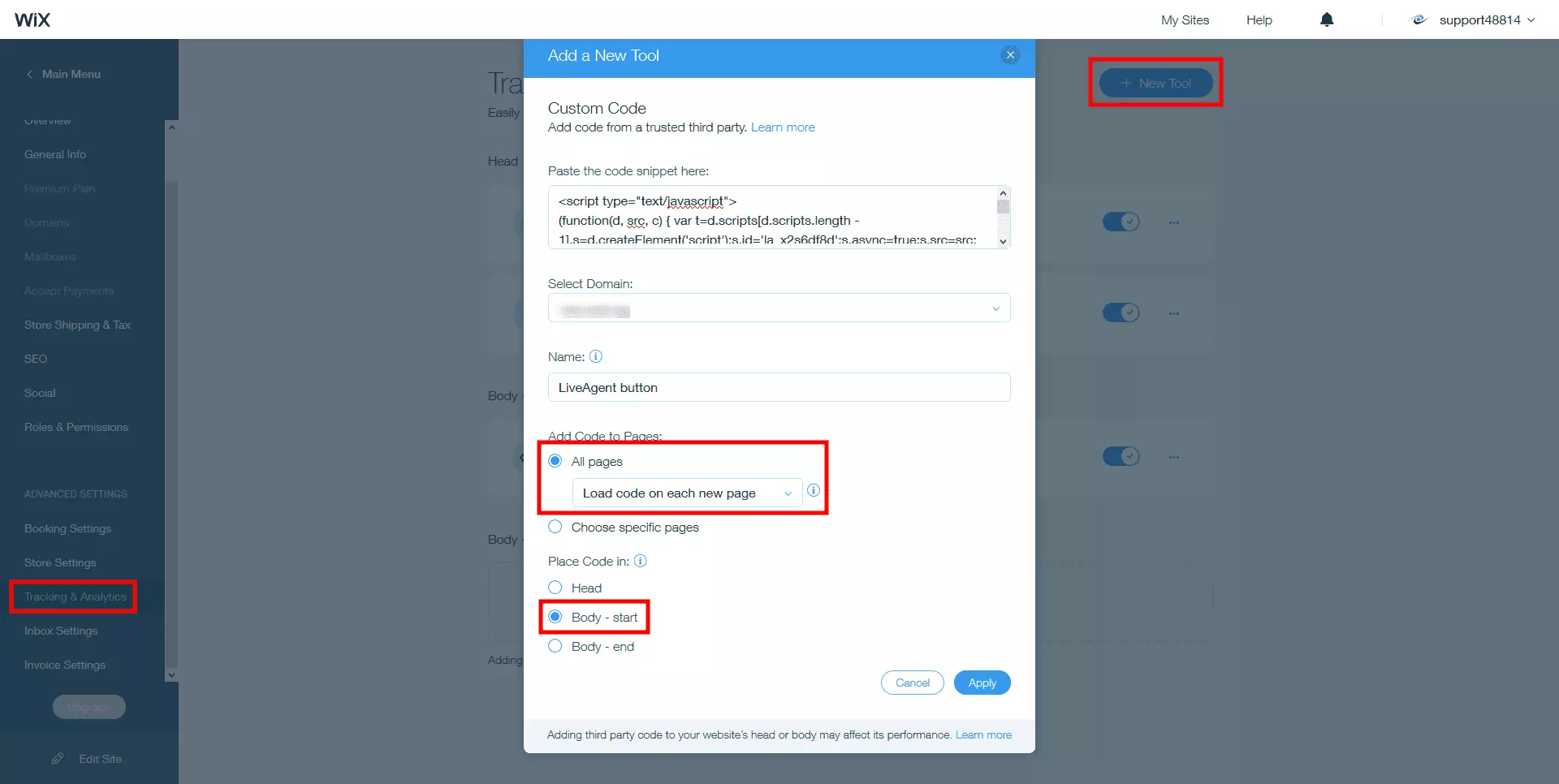 Placera LiveAgent live chat-koden i Wix-webbplatsens body