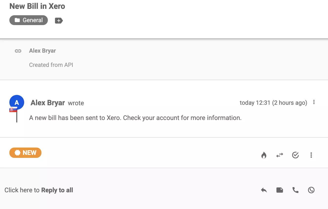 En ny konversation skickad till LiveAgent-ärendesystem efter lyckad integration med Xero