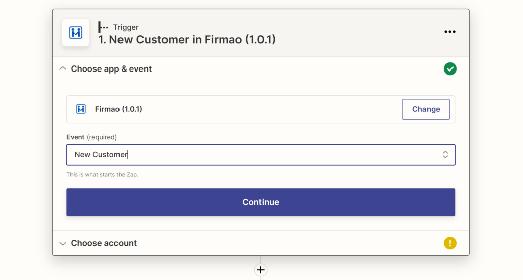 Val av en Firmao-händelse under integrationskonfigurationen på Zapier