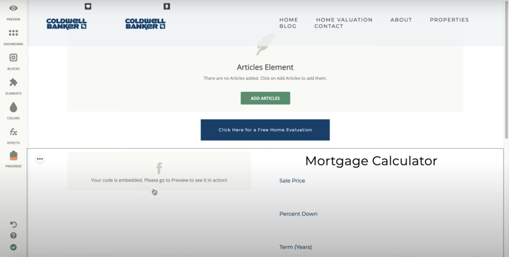 Zentap webbplatsbyggare med flera alternativ i vänstra panelen