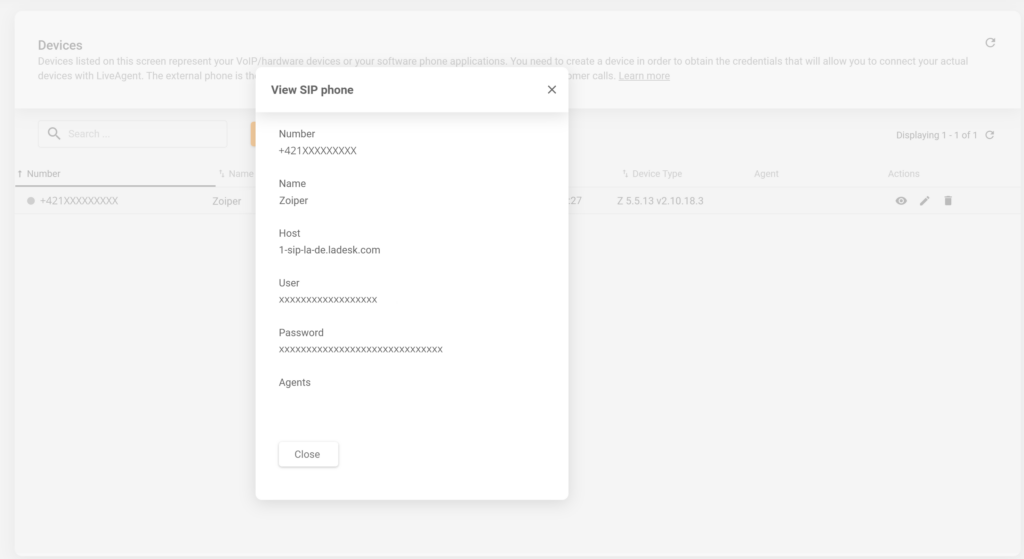 En bild som visar var man hittar SIP-enhetsdetaljer i LiveAgent