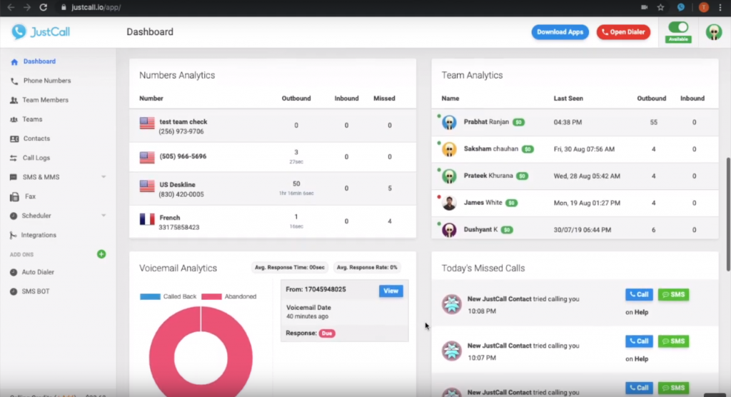 JustCalls instrumentpanel