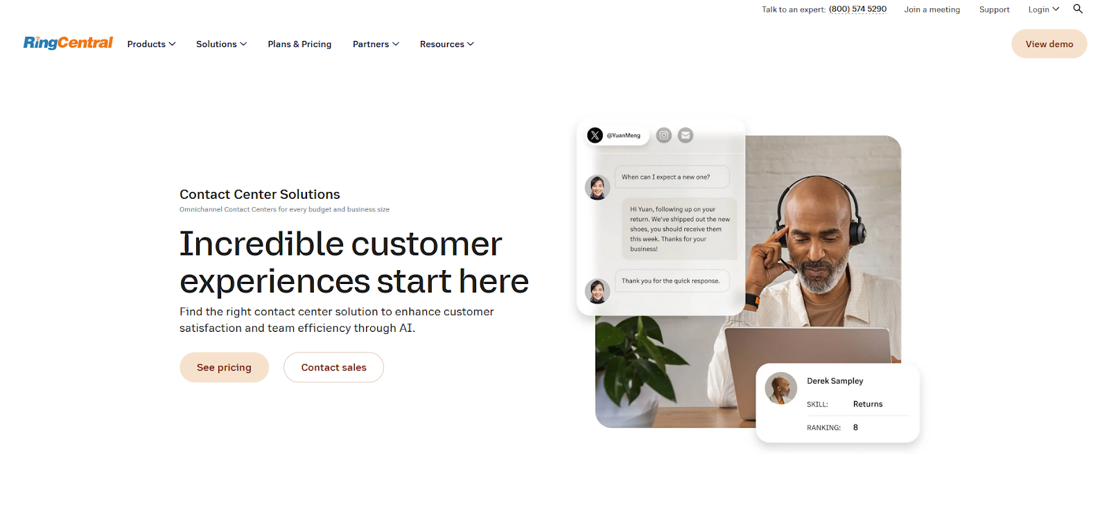 RingCentral Contact Center-programvara hemsida