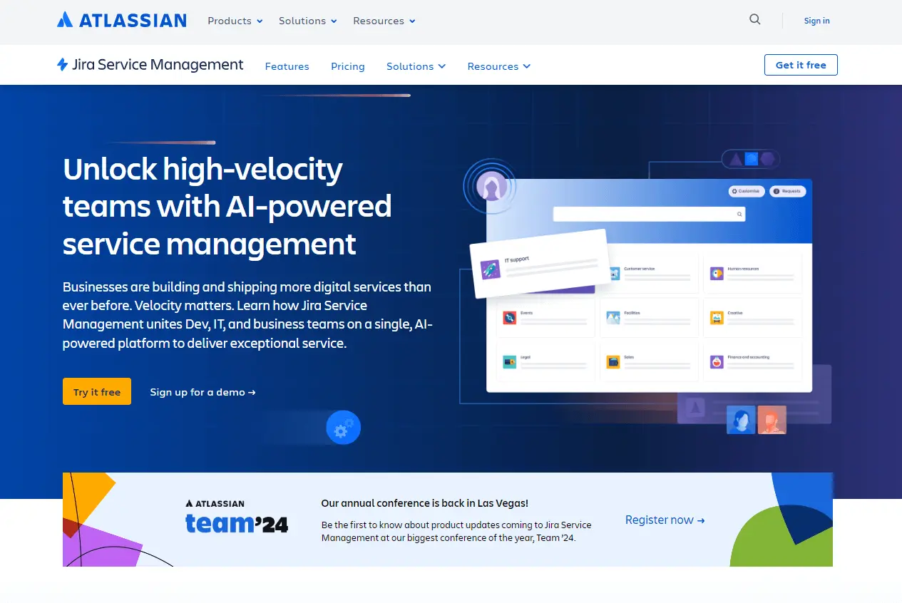 Jira Service Management hemsida, ett Help Scout-alternativ för helpdesk-programvara