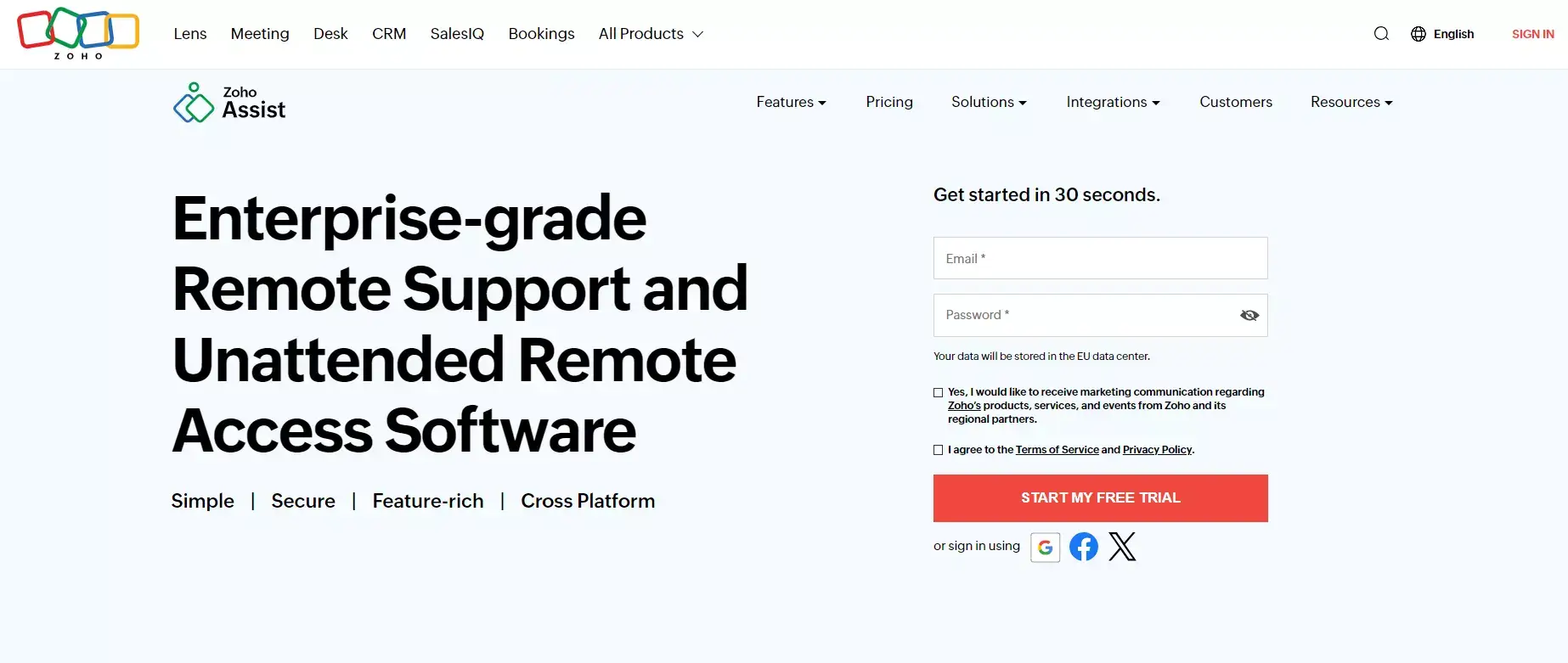 Zoho Assist hemsida - robust fjärrhelpdesk-programvara