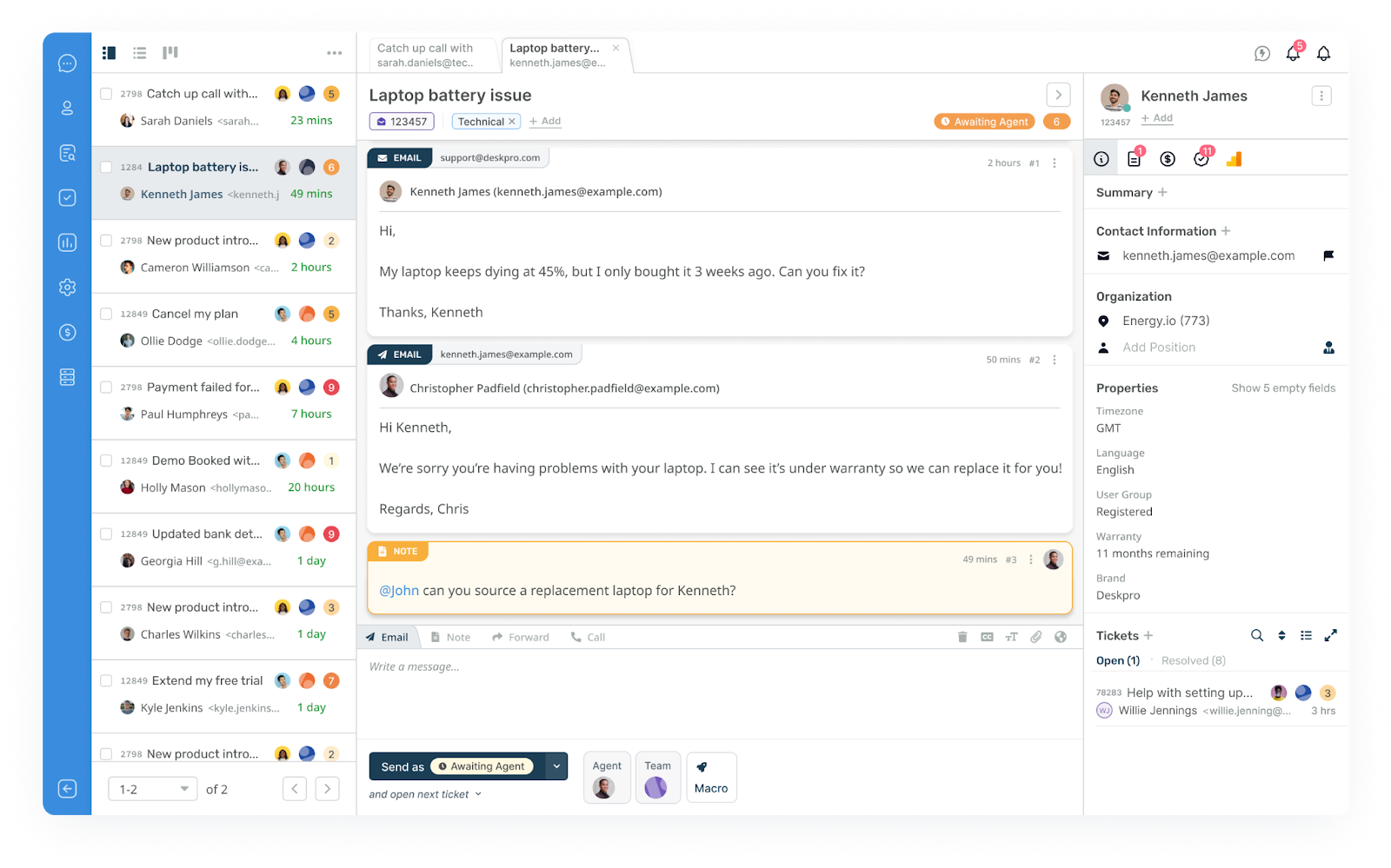 Skärmbild av Deskpro-gränssnitt