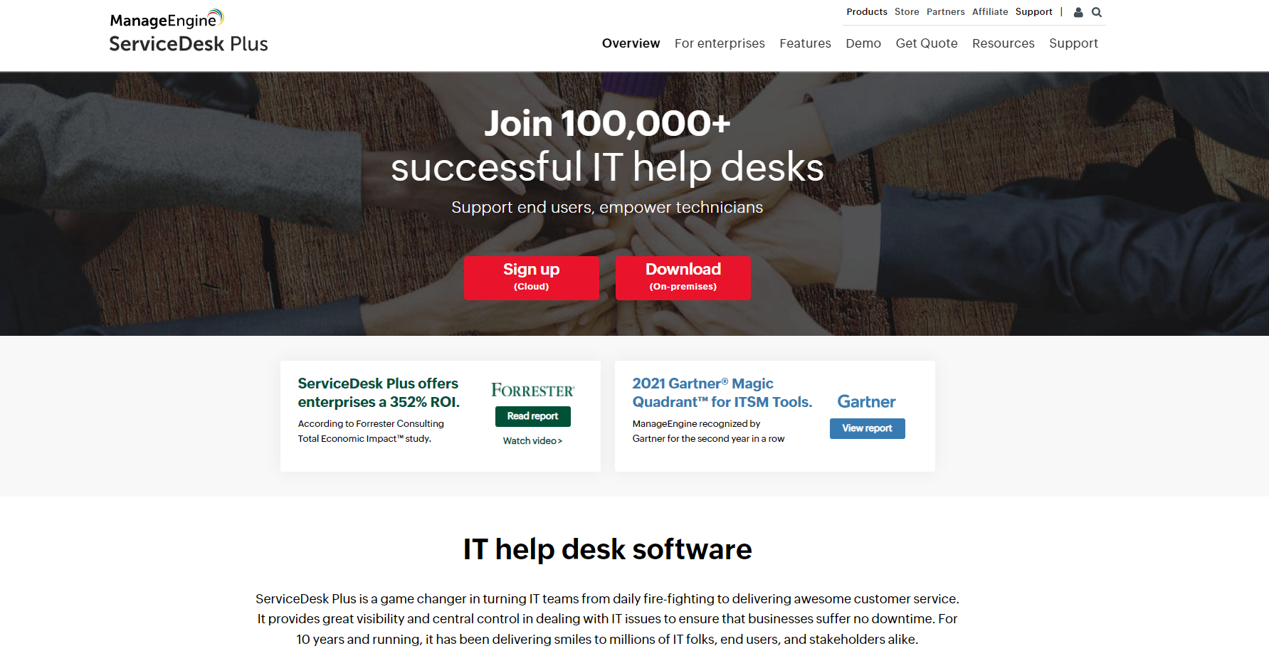 ManageEngine Service Desk Plus IT tickethanteringsprogram hemsida
