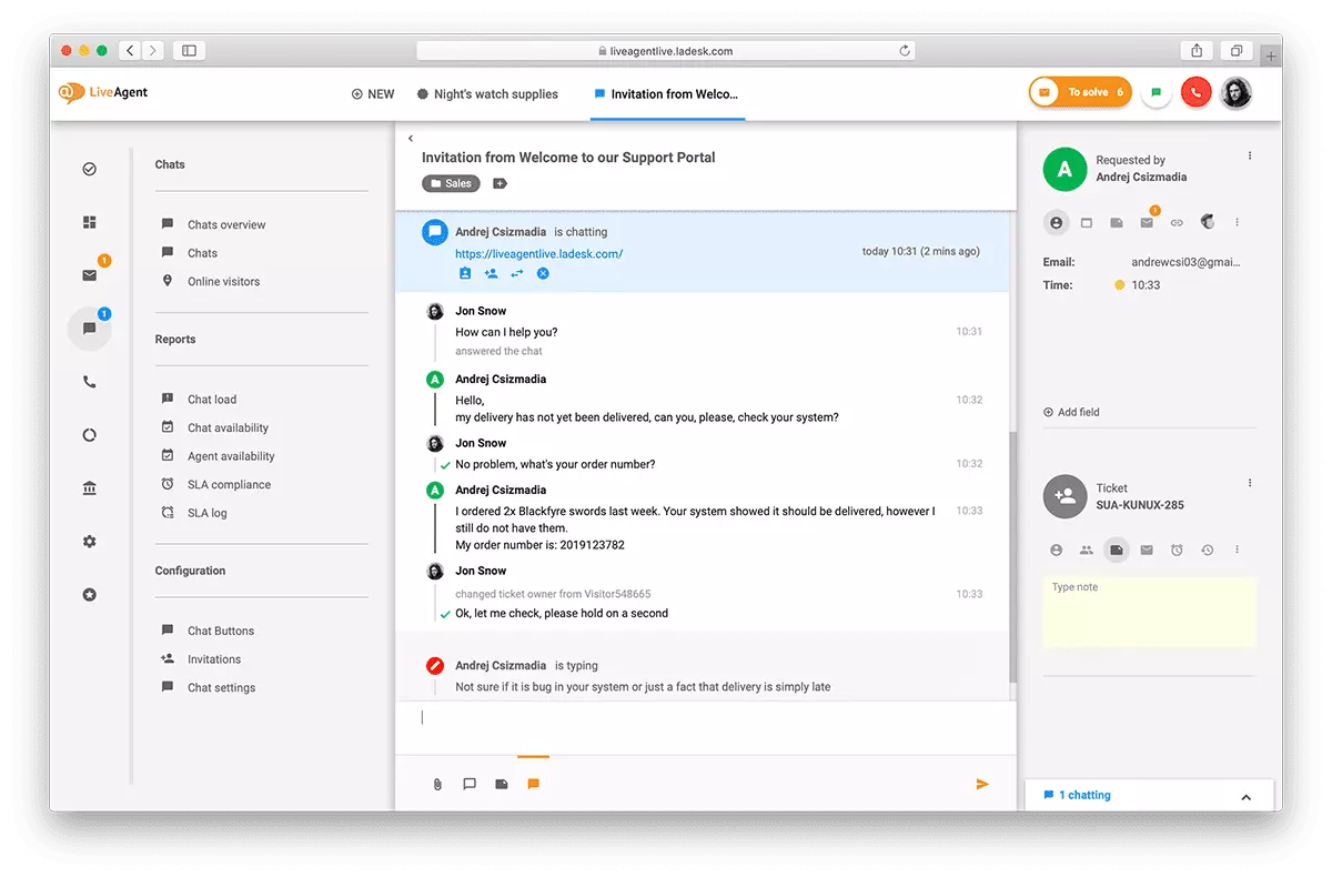 Översikt över livechatt-gränssnittet i LiveAgent.