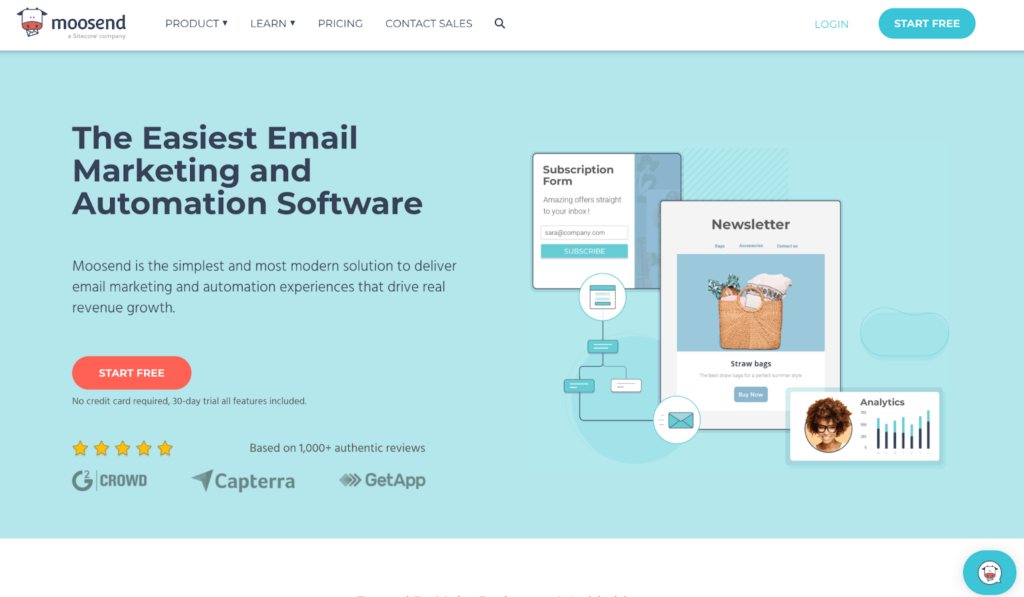 Moosend home page, email marketing and management software