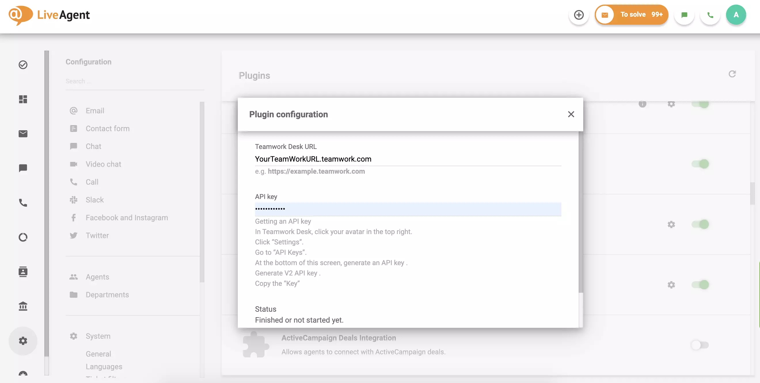 Fyll i din Teamwork Desk-URL och API-nyckel, klicka sedan på Spara.