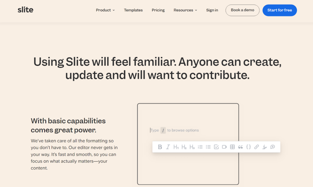 Slite kunskapsbas hemsida