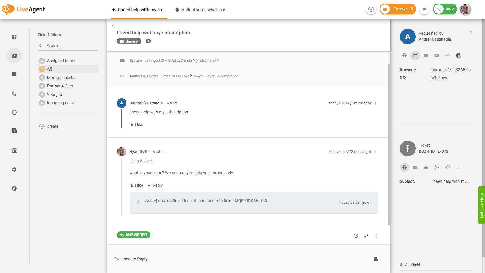 Facebook-kommentar - vy i LiveAgent