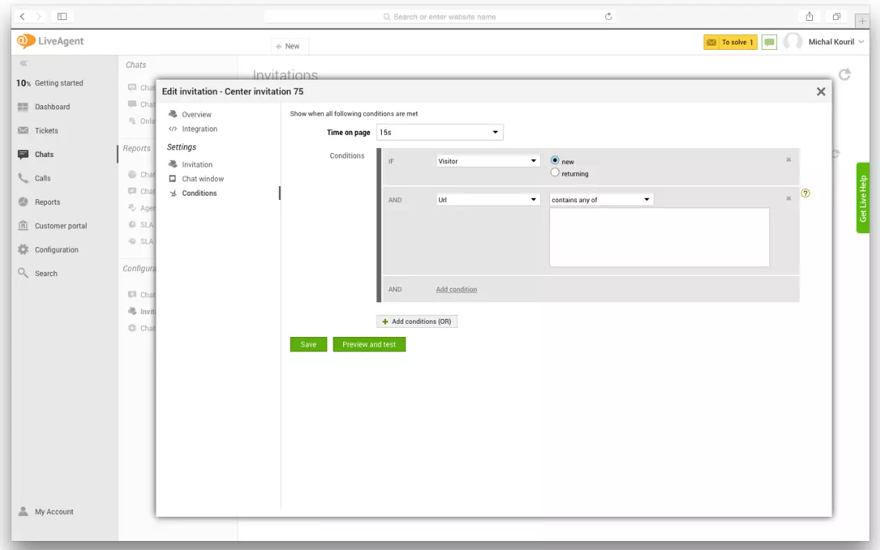 LiveAgent-inställningar som visar hur man ställer in proaktiva chat-triggers