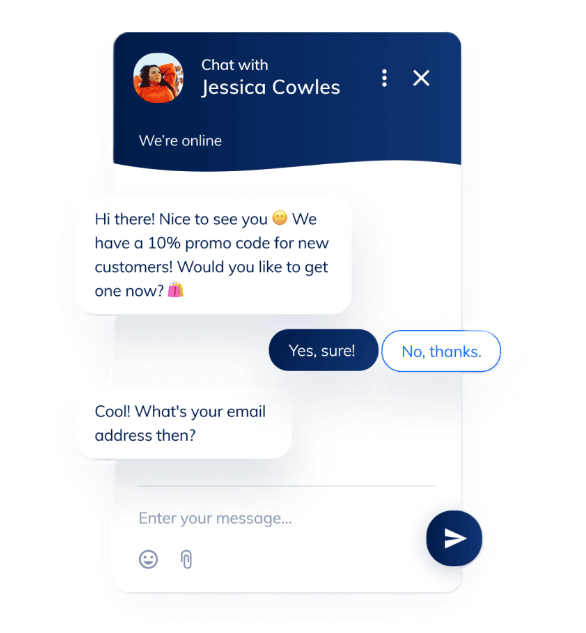 Live chat-gränssnitt som erbjuder en kampanjkod och begär användarens e-post