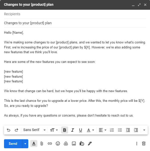 Promotional email template about plan upgrading