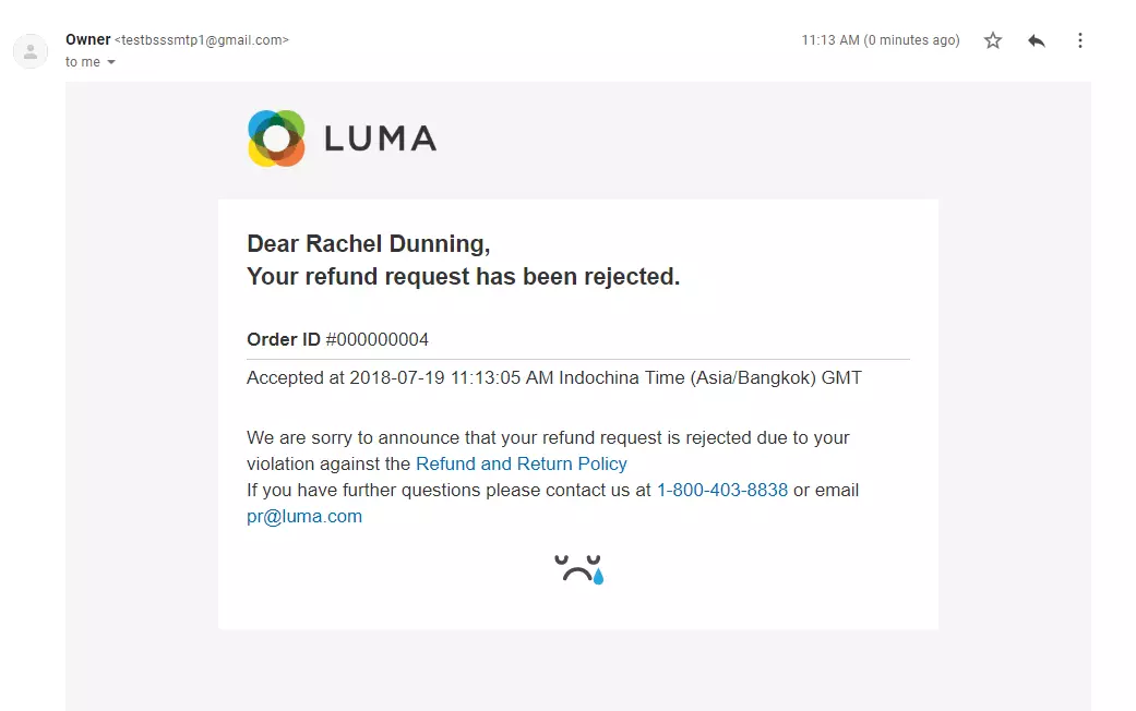 Exempel på e-post om avslag på återbetalningsbegäran