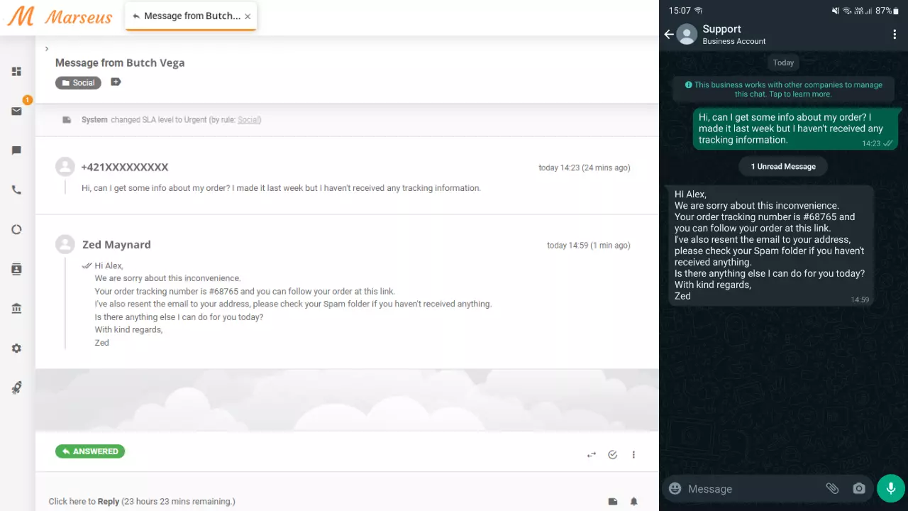 WhatsApp-meddelande visas som en biljett i LiveAgent