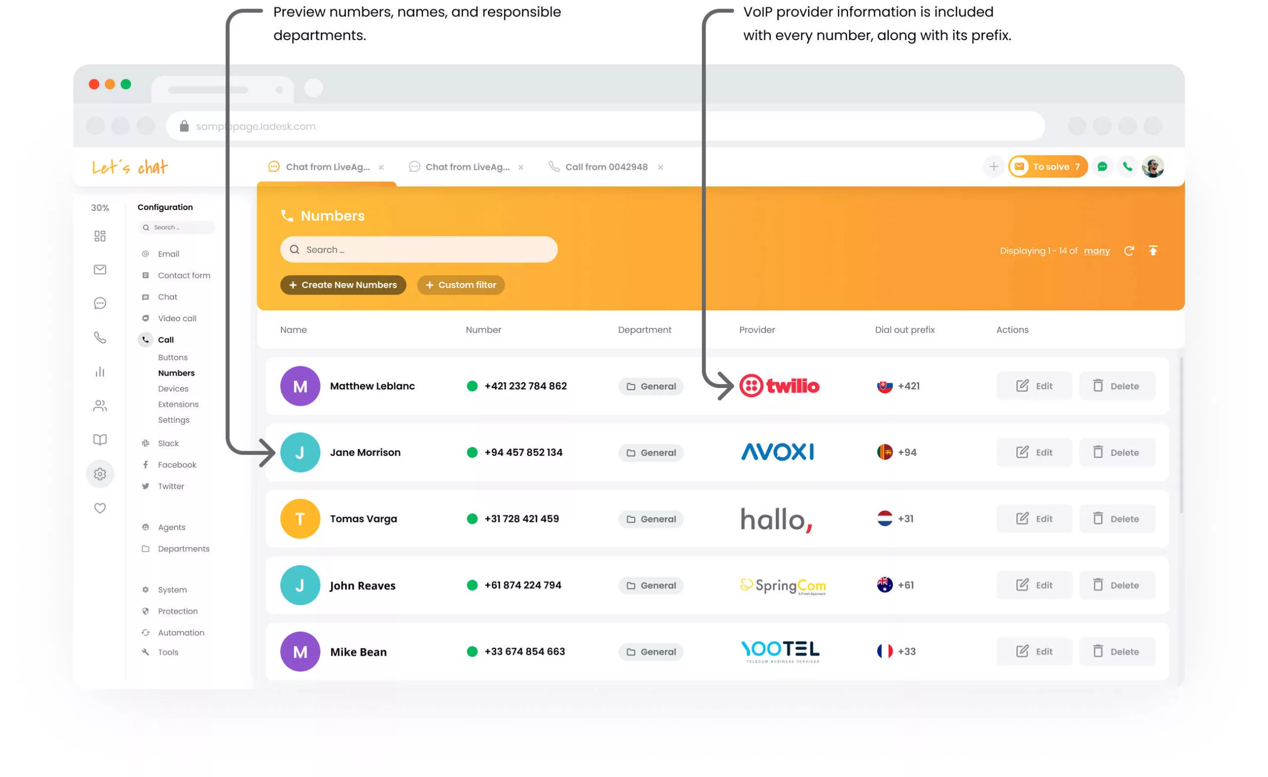 LiveAgent callcenter-nummerinställningar