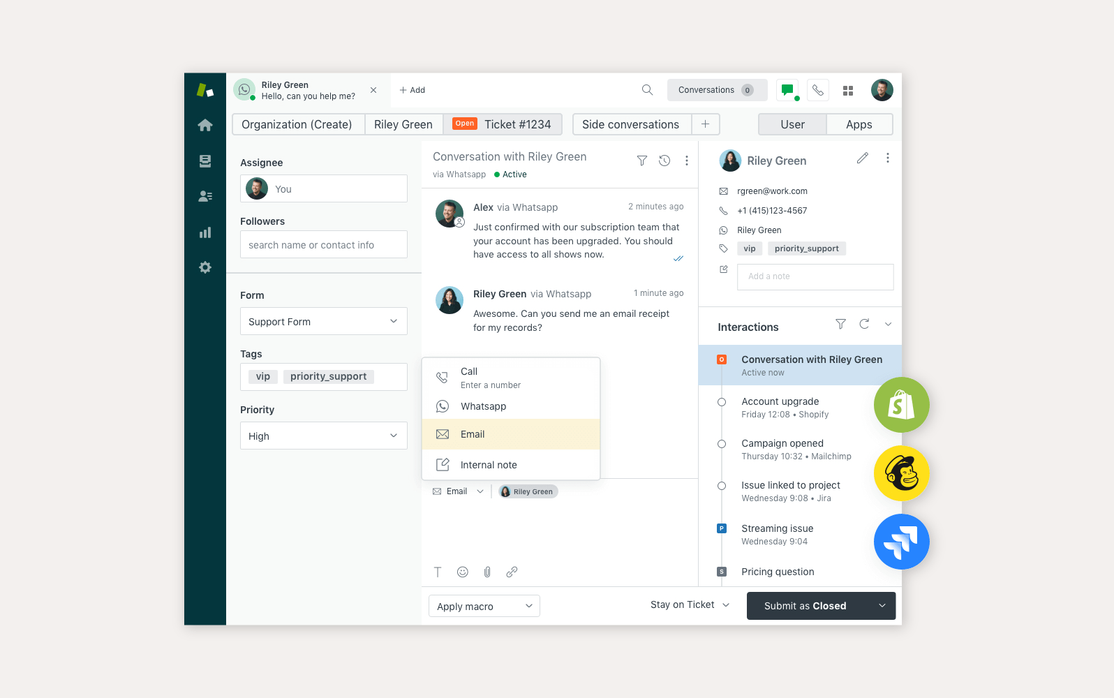 Zendesk call center-gränssnitt