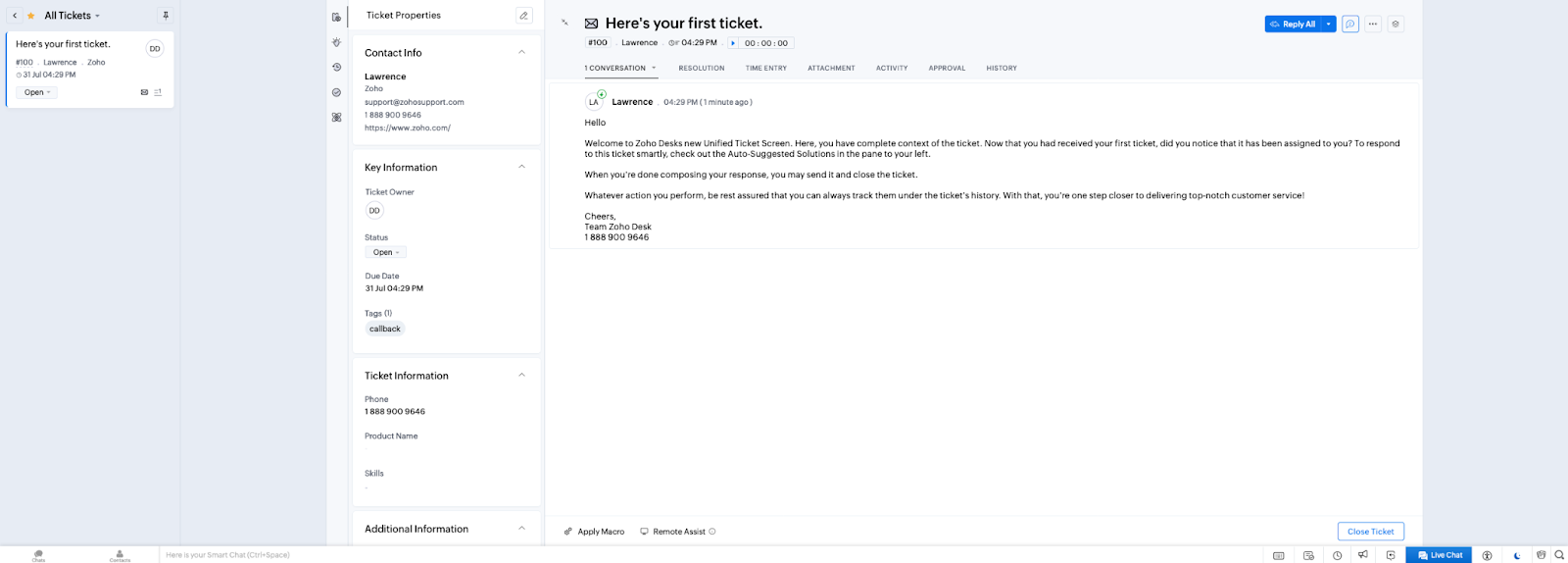 Zoho Desks ticketmiljö